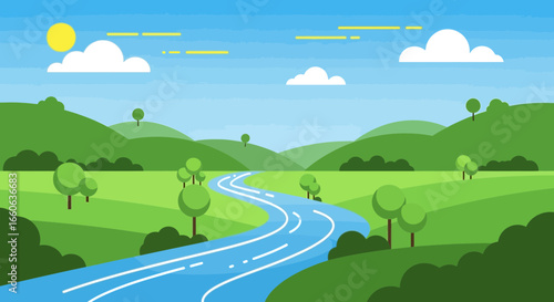 Scenic Landscape With River Flowing Through Green Hills Cartoon Style