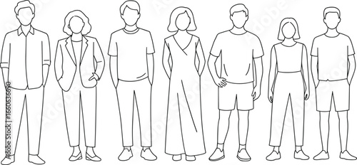 Line art of diverse people in modern outfits, fashion sketches, casual and formal clothing, minimal style design for projects