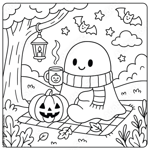 Funny children's fairytale cartoon illustration of a Halloween party background with a pumpkin and bats