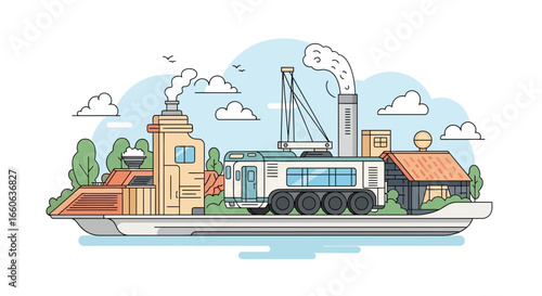 Stylized Floating Cityscape With Industrial And Residential Elements