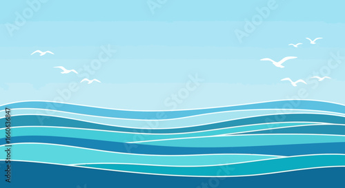 Stylized Ocean Waves With Seagulls Against A Light Blue Sky
