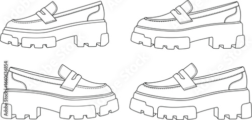 Loafer shoe side view, chunky platform design, vector CAD sketch, trendy women’s footwear fashion template, technical line art drawing