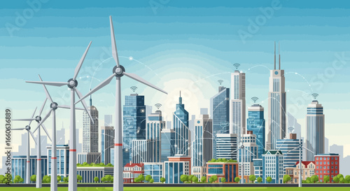 Sustainable Cityscape Featuring Renewable Energy Sources and Advanced Technology