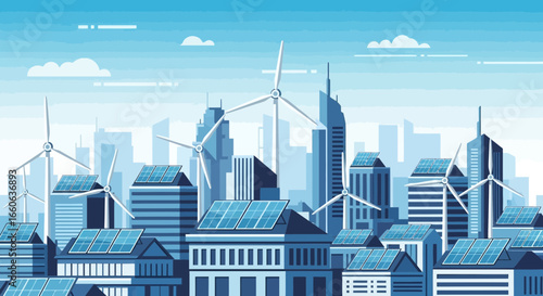 Sustainable Cityscape With Solar Panels And Wind Turbines