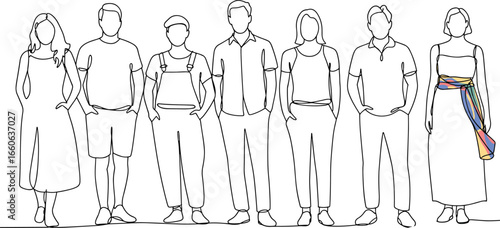 Minimalist line art group of diverse people standing in a row, modern outline illustration style for design, diversity, and identity