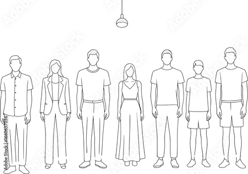 Minimalist line art group of diverse people standing under light – hand-drawn illustration of men and women in casual attire