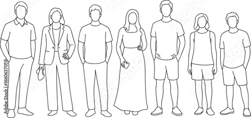 Modern line art of diverse people in casual and formal fashion outfits, minimal style illustration for design, branding, and projects