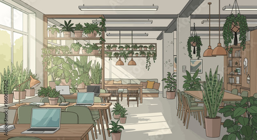 Trendy Workspace With Abundant Potted Plants And Modern Design Elements
