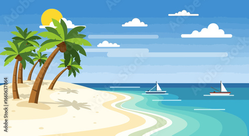 Tropical Paradise Vector Landscape With Palm Trees And Sailboats Graphic