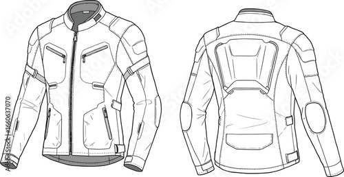 Motorcycle jacket CAD sketch, technical fashion vector, front and back view, protective gear design, men’s outerwear illustration template