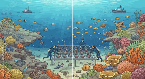 Underwater Coral Farming Project Cartoon Style Illustration