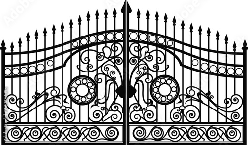 Ornate wrought iron gate with floral scrollwork and circular accents, elegant black decorative entrance gate vector illustration for architecture design