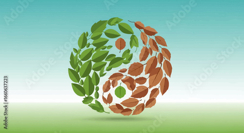 Yin Yang Symbol Made of Green and Brown Leaves with Nature