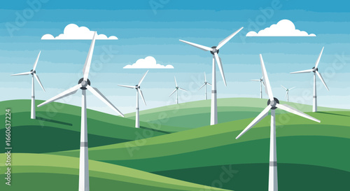 Wind Turbines On Green Hills Under A Blue Sky With Clouds