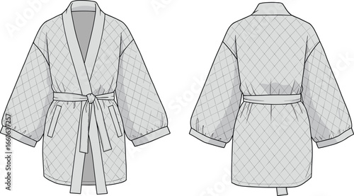 Quilted kimono robe CAD drawing, flat vector illustration, front and back view, fashion sketch, cozy loungewear, detailed garment design