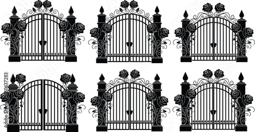 Romantic wrought iron rose gates with heart lock design, floral decorative entrance set, vintage vector illustrations, black silhouette fence elements