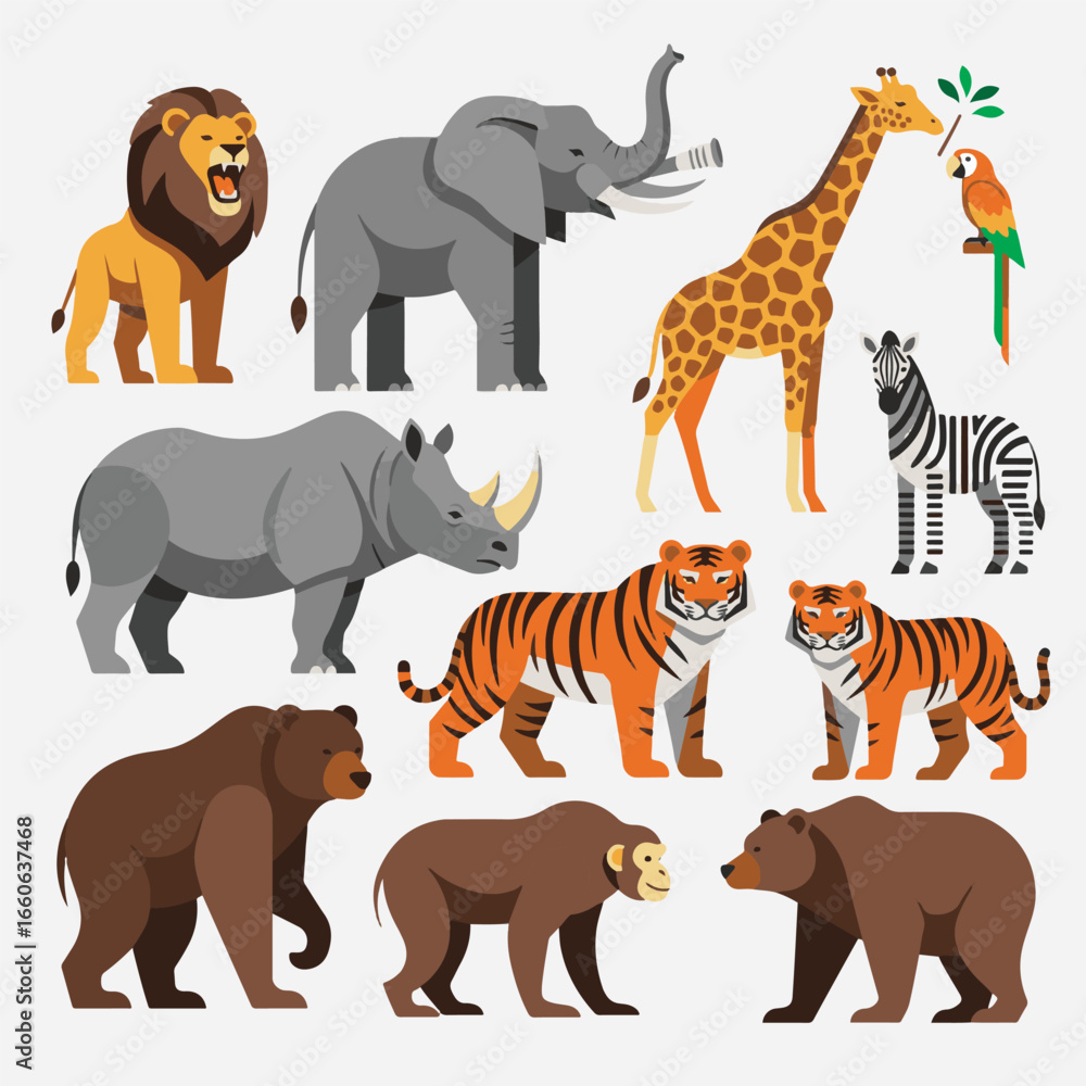 Fototapeta premium A vibrant collection of diverse wild animals, including a roaring lion, majestic elephant, tall giraffe, striped zebra, powerful rhino, fierce tigers, and br...
