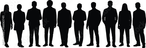 Silhouettes of diverse people, formal attire, standing together, unity, diversity, business team, anonymous figures, group portrait, black background
