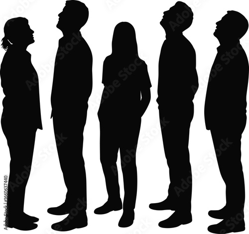 Silhouettes of people looking up, standing group vector, upward gaze, black shadow figures, curiosity pose, human silhouette illustration