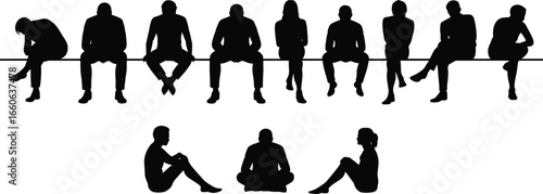 Silhouettes of people sitting in various poses, isolated black vector figures, social interaction, relaxation, contemplation, and group body language illustration