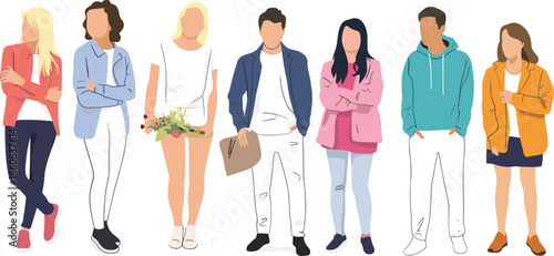 Trendy flat vector illustration of faceless young adults in casual outfits standing together – modern diverse character design group