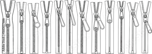 Various zipper types and designs collection, metal and plastic zippers, fashion accessories, garment fasteners, clothing hardware, detailed vector illustration.