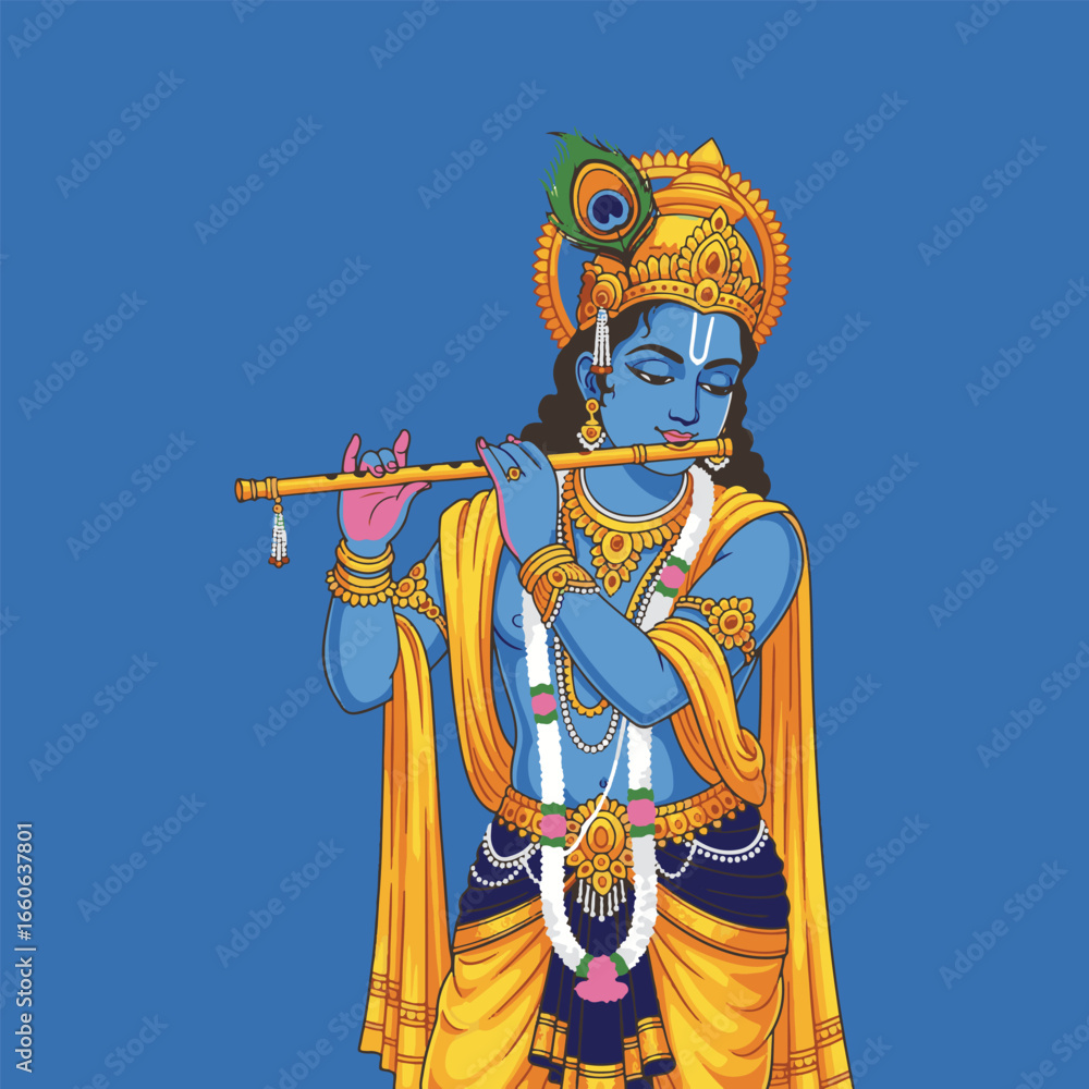 Fototapeta premium Illustration of Hindu deity Krishna playing a golden flute, adorned with a peacock feather crown and traditional jewelry, against a blue background.