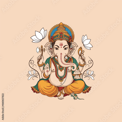 An ornate illustration of Hindu god Ganesha sitting in a lotus pose with his sacred mouse companion.