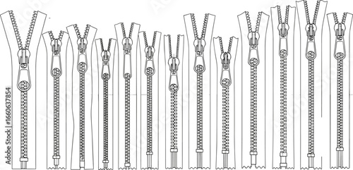 Zipper comparison, flat vector CAD drawing, fashion accessories, zipper types, sewing elements, textile design, technical illustration, zipper variations, fashion sketch