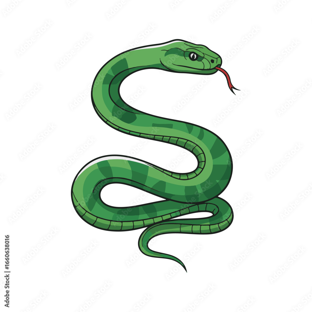 Naklejka premium A vibrant green snake coiled in a stylized S-shape, with its tongue extended.