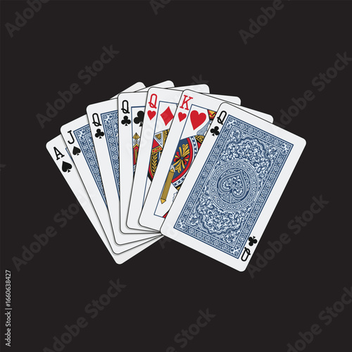 A hand of playing cards displaying a royal flush, fanned out against black background.