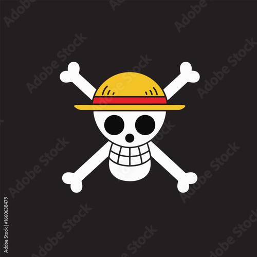 Jolly Roger emblem featuring a skull with a straw hat and crossed bones on a black background.