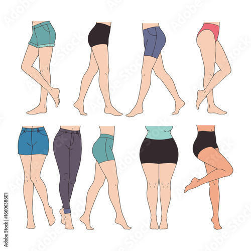 A diverse collection of illustrated female legs in various poses, wearing shorts, leggings, and skirts.