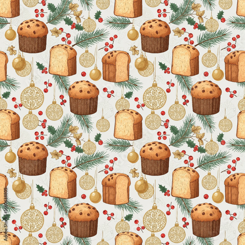 panettone christmas seamless pattern with food icons - panettone illustration vector