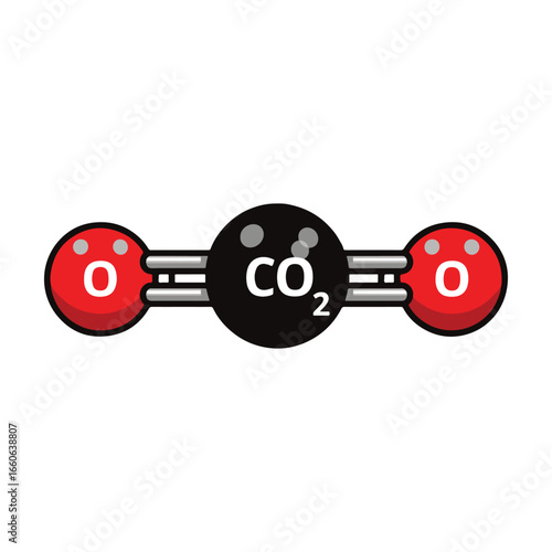 Illustration of a carbon dioxide molecule showing the chemical structure and composition.