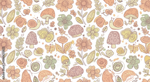 Pastel-toned hand-drawn vector seamless pattern of a whimsical forest floor, with delicate flowers, butterflies, snails, and mushrooms on a vintage textured background.