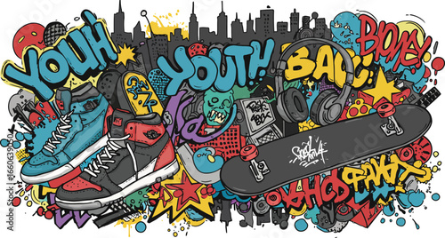 Bold street art style vector illustration with a vibrant, chaotic, and colorful graffiti background, featuring hand-drawn sneakers, a skateboard, and headphones.