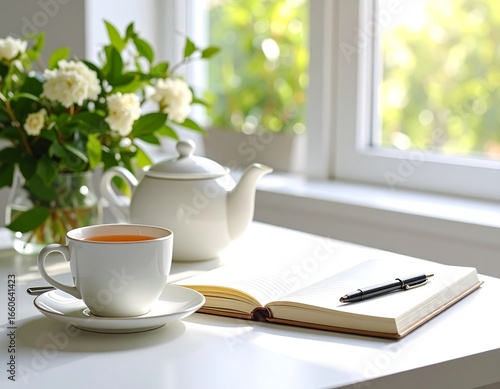 Sunlit teacup, teapot, and open notebook rest on a white table near a window