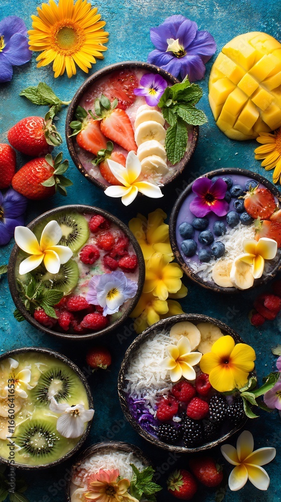 Fototapeta premium Fresh tropical smoothie bowls bright fruits and edible flowers vibrant health food vertical wallpaper