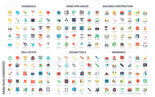 Colorful set of 180 simple flat icons covering household, home appliances, building construction, real estate, design tools, and insurance topics isolated on white background vector illustration