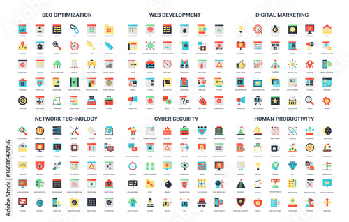 Collection of 180 simple flat icons covering SEO, web development, digital marketing, network technology, cyber security, and productivity, perfect for business and tech projects vector illustration