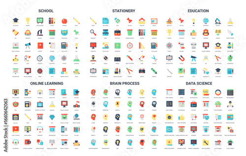 Colorful set of 180 simple flat icons covering school stationery education online learning brain process and data science perfect for web apps infographics and presentations vector illustration