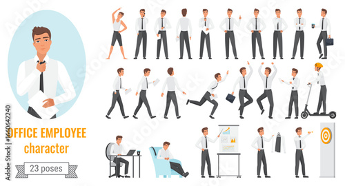 Office workers poses infographic vector illustration set. Cartoon young employee businessman character working, happy winner manager jumping, showing different work positions isolated on white