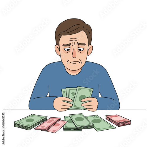 Worried man counts money, financial problems, economic downturn