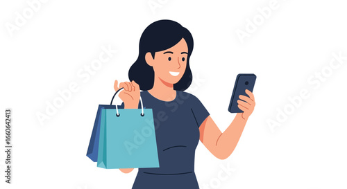 Smiling shopper browsing online deals with shopping bag