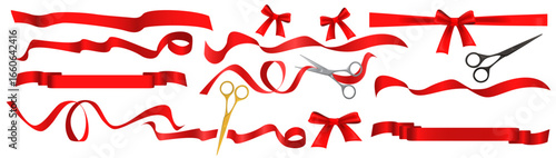 Satin red ribbon set vector illustration. Realistic ribbon with bow and knot, gold, black and silver scissors cut tape, decorative shiny silk material for gift, festive event isolated on white
