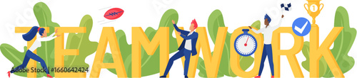 Teamwork word concept vector illustration. Cartoon flat businessman, manager or employee people team working to success win business competition next to big teamwork lettering isolated on white