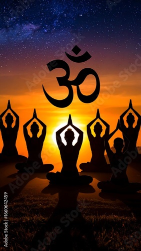 Silhouetted figures in yoga poses at sunset, Om symbol above
