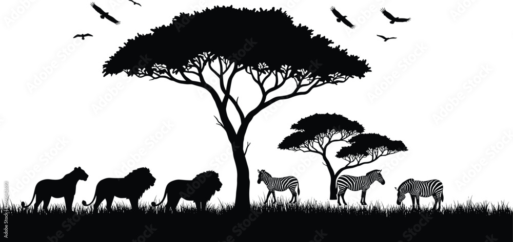 Naklejka premium African savanna wildlife silhouette with lions, zebras, birds, and acacia trees, perfect for safari, nature, jungle, vector artwork