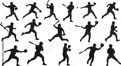 Baseball player silhouette vector, athletes in action poses, playing, batting, pitching, catching, sports icons for game, training, and design